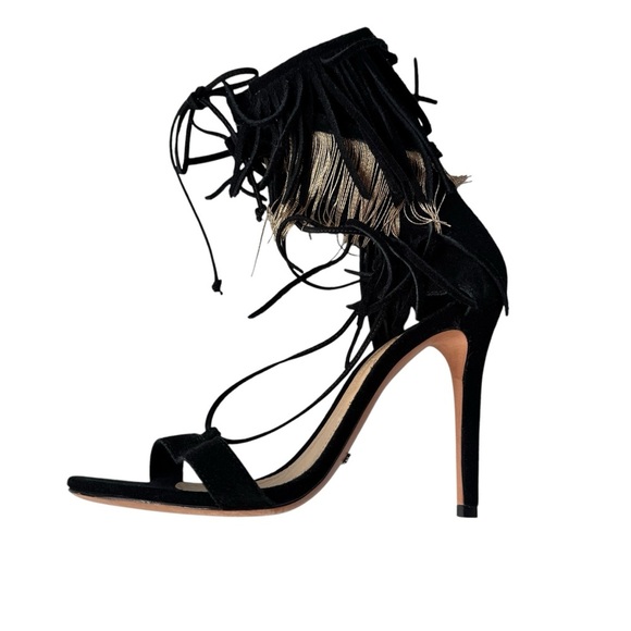 NEW Schutz Fringe Suede Stiletto Sandal Metal and Suede Fringe Black Size 9.5 - Picture 15 of 15
